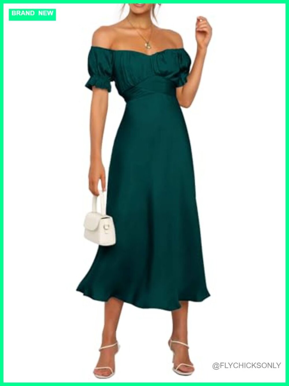 KIRUNDO Satin Off Shoulder Midi Dress Tie Back Puff Sleeve F